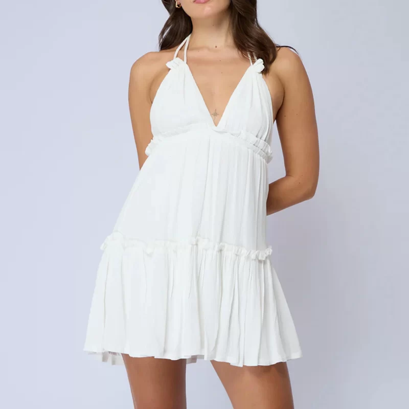 Summer Casual High Quality Women Sleeveless Ethereal Chiffon Strappy Deep-v Backless Mini Dress